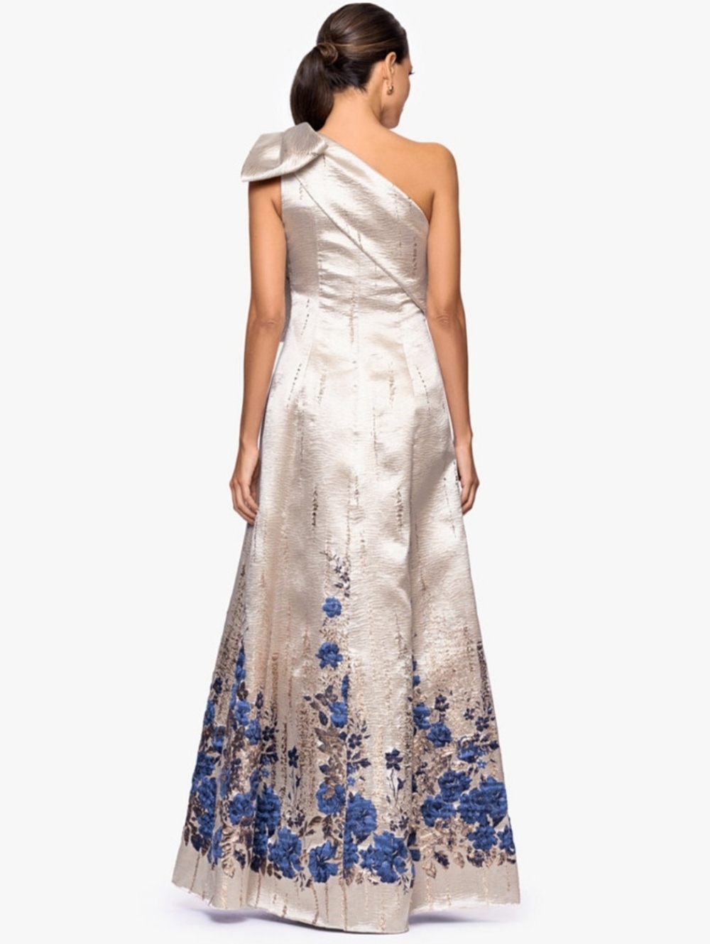 New With Tags Betsy & Adam One-Shoulder Champagne Gown with Blue Floral Hem - Picture 3 of 6